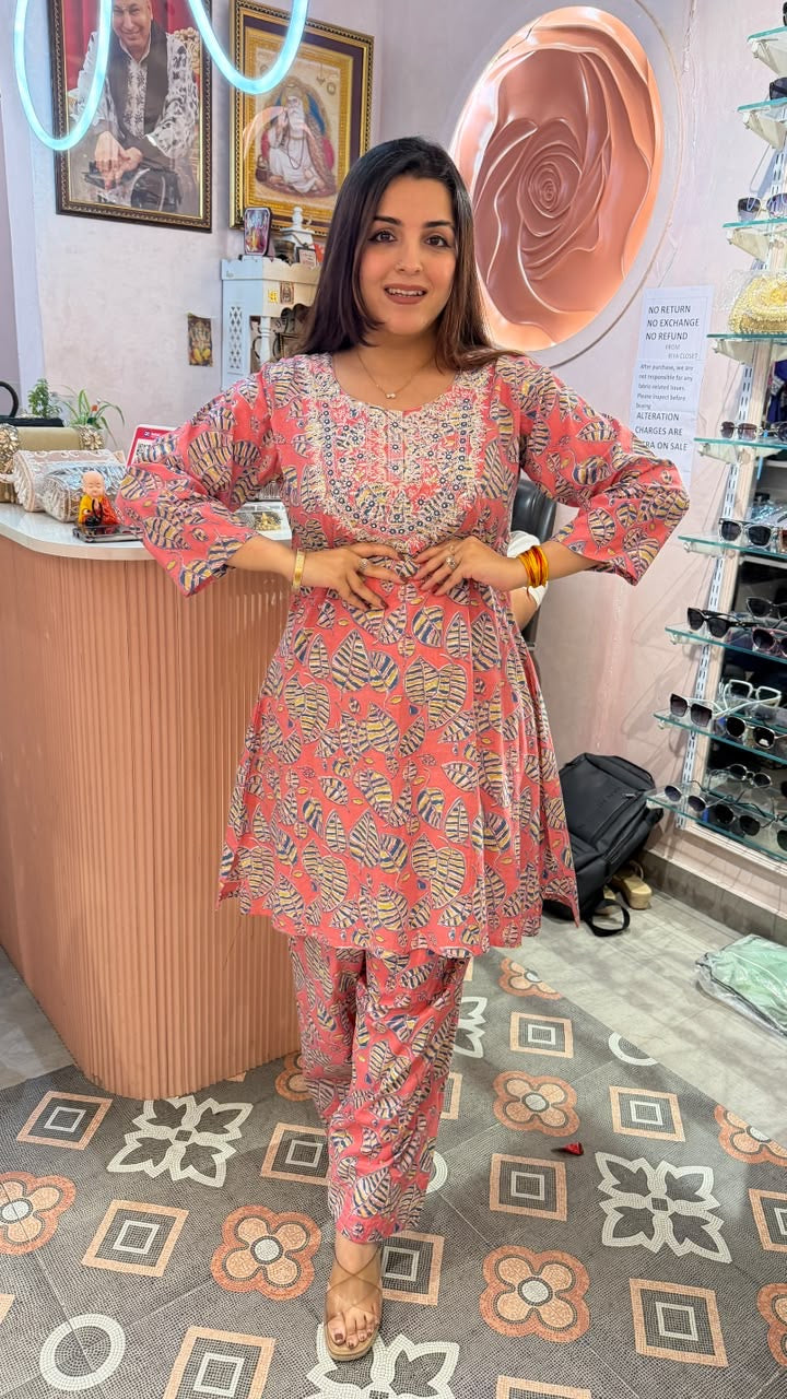 Coral Printed Straight Kurta with Printed Pants Set