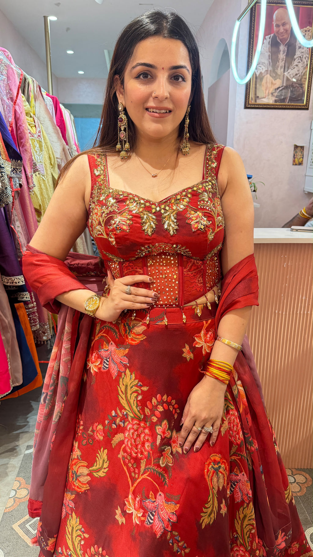 Cherry Red Floral Printed Indo-Western Anarkali Gown