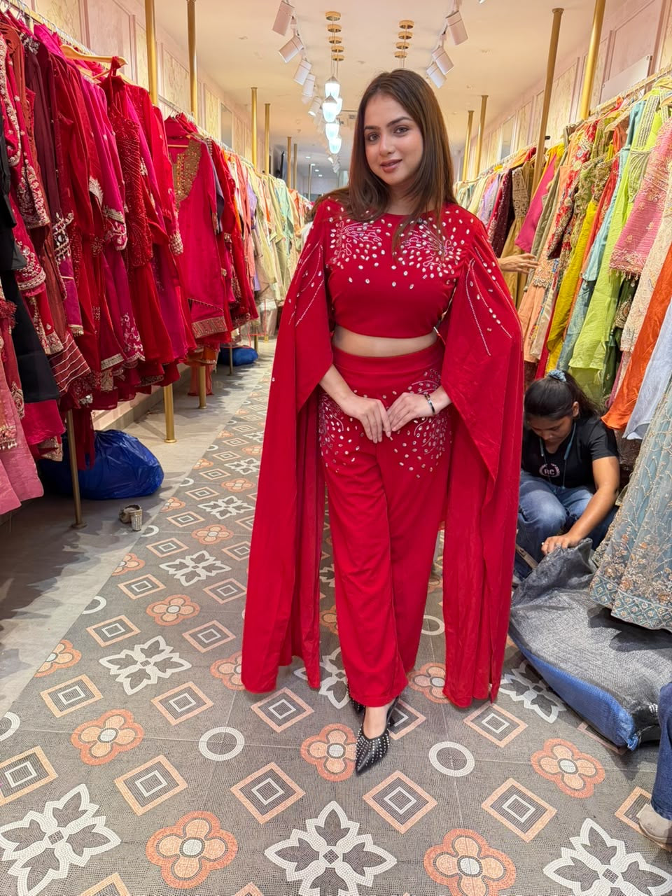 Stylish Embroidered Crop Top with Pant & Cape Indo-Western Co-Ord Set