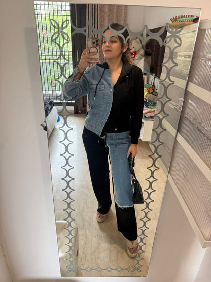 Half denim two pc hoodie track suit