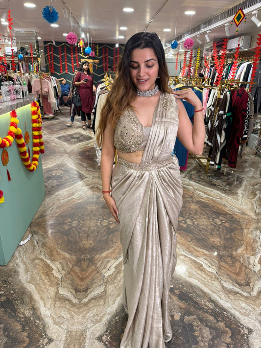 Shimmer crepe premium fabric dhoti skirt with fully stitched blouse saree