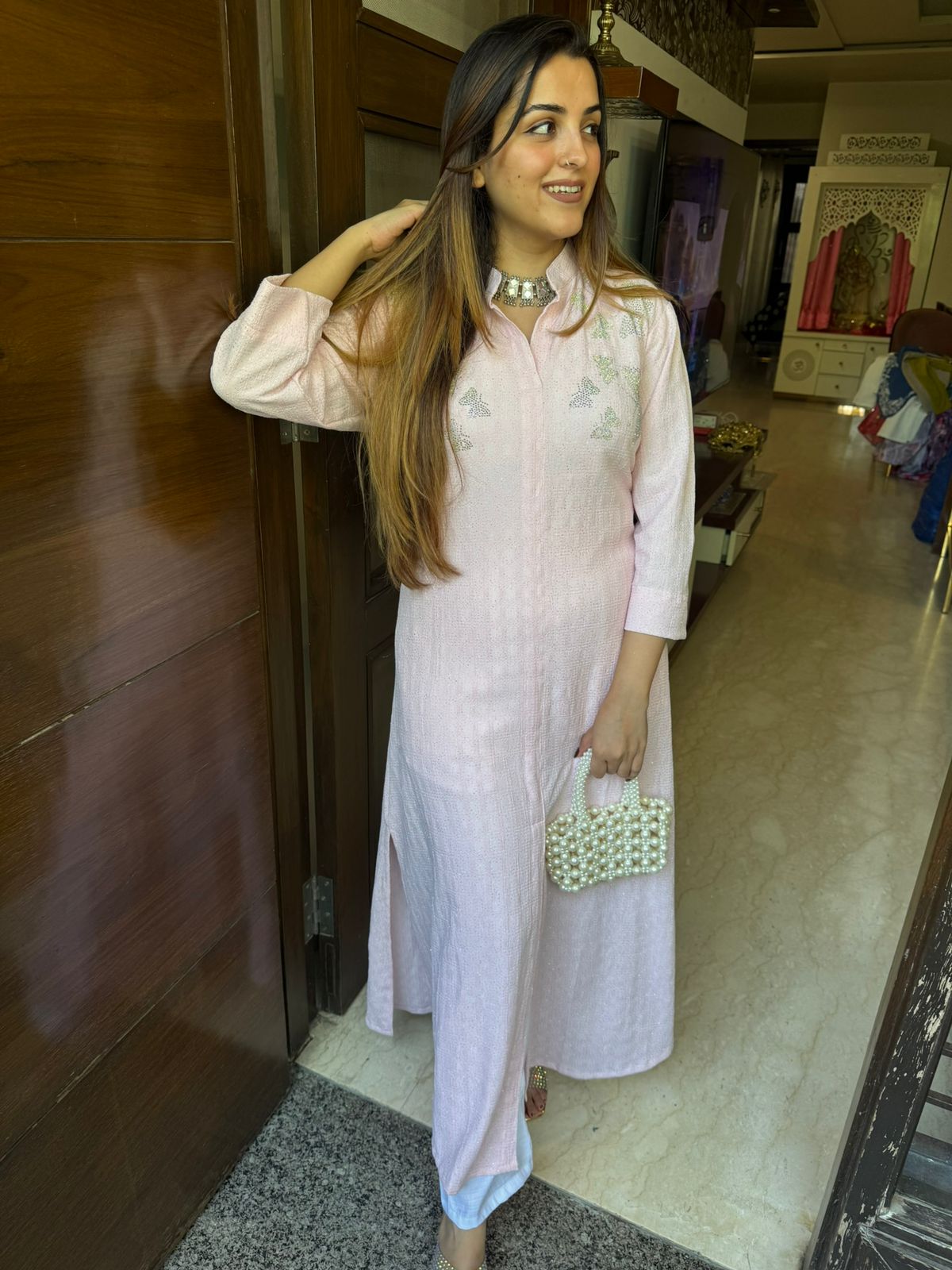 Two pc collared butterfly long kurta set