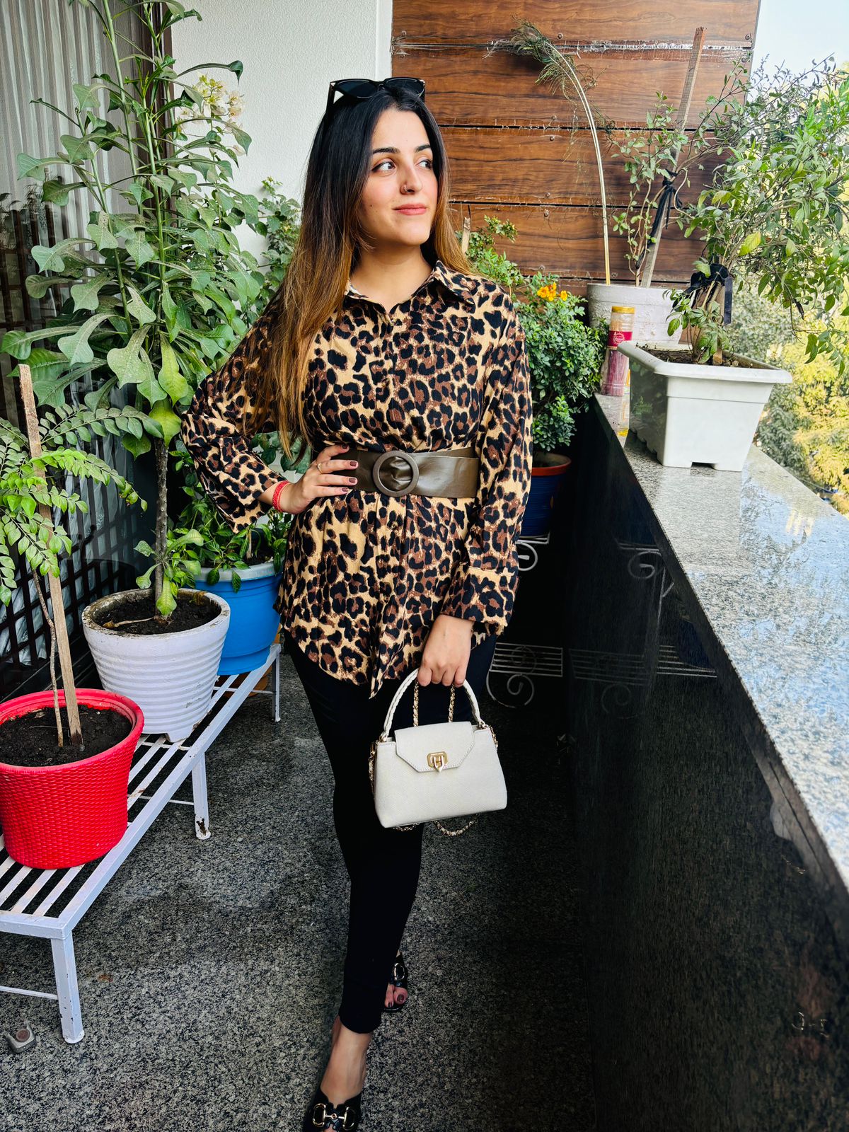 Leather suede Stylish Leopard long shirt with belt