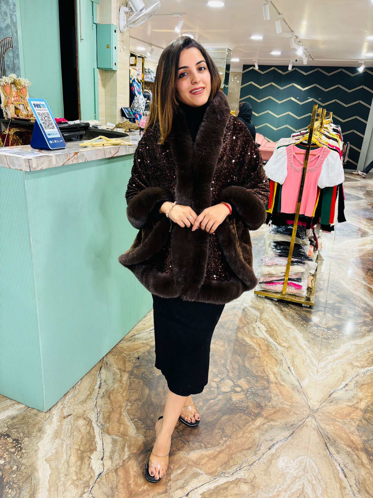 Partywear sequence warm furr ponchu