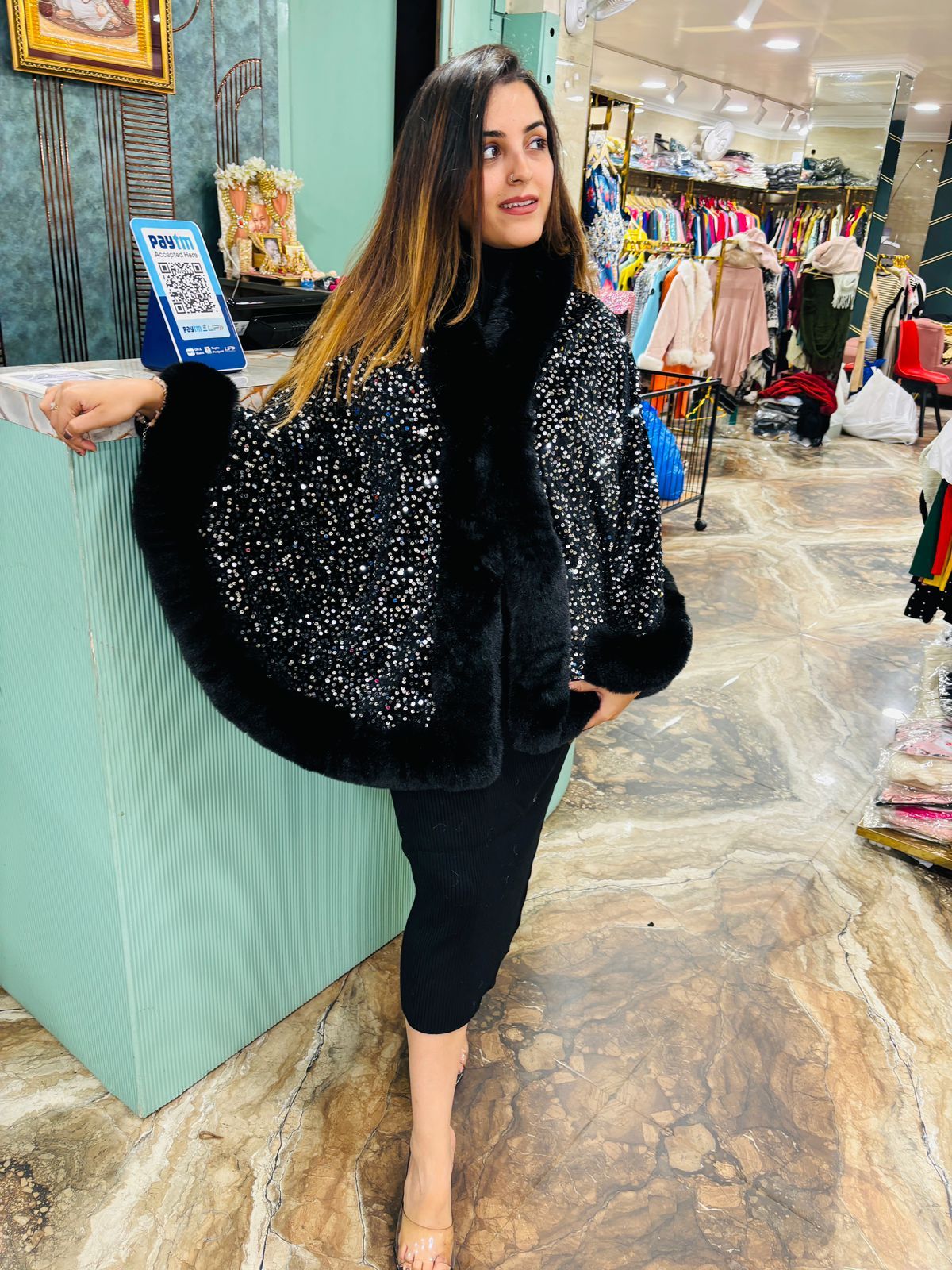 Partywear sequence warm furr ponchu