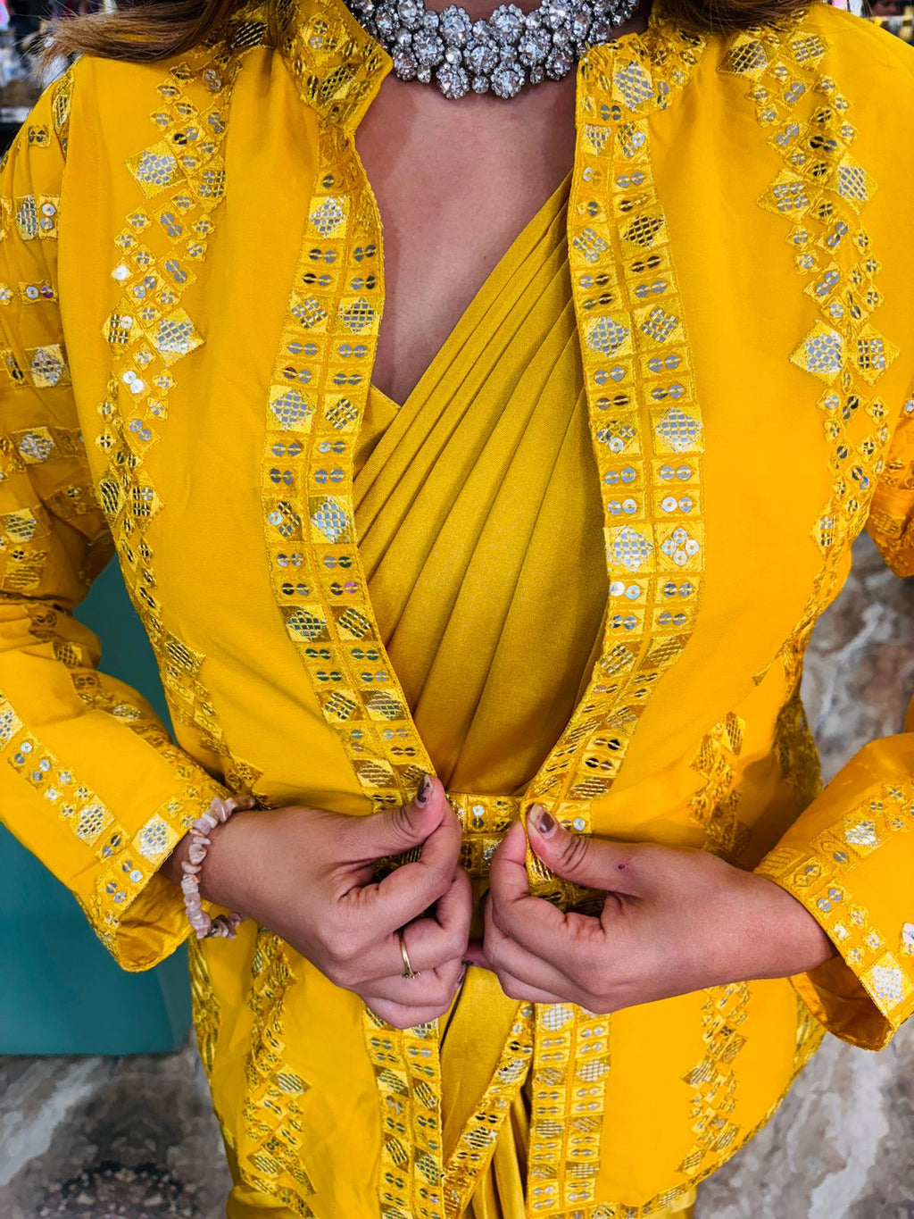 Four pc jacket style saree with belt