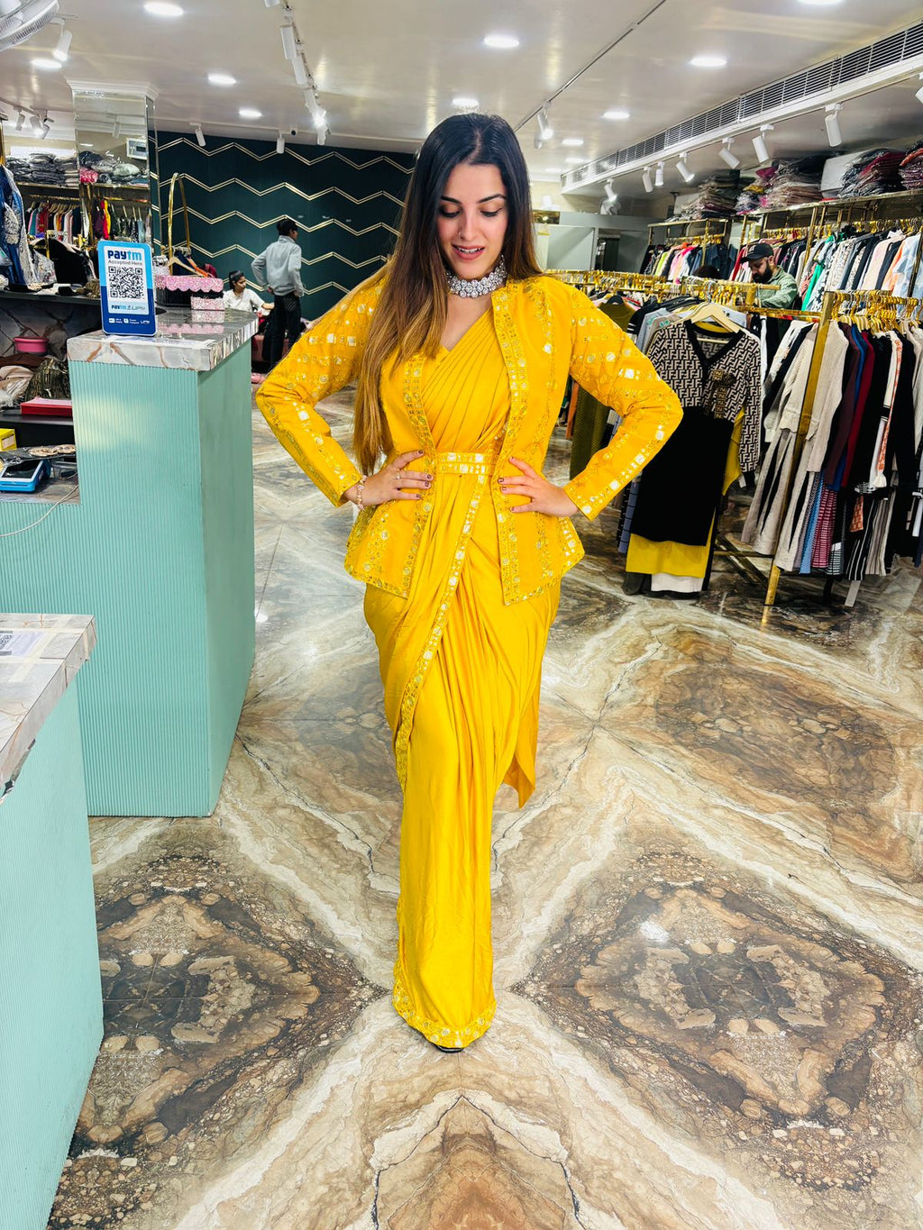 Four pc jacket style saree with belt