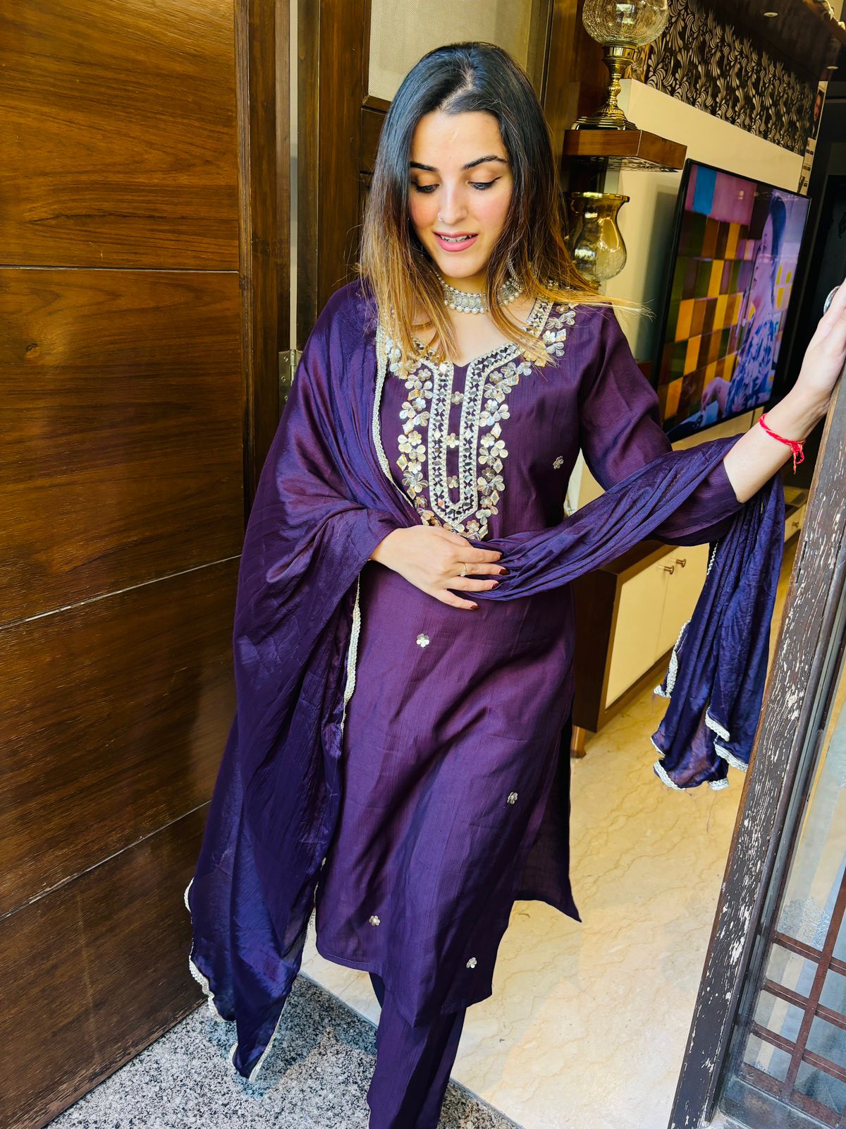 Beautiful karwa special long mirror work neck chinon suit