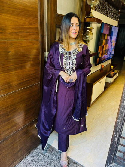 Beautiful karwa special long mirror work neck chinon suit