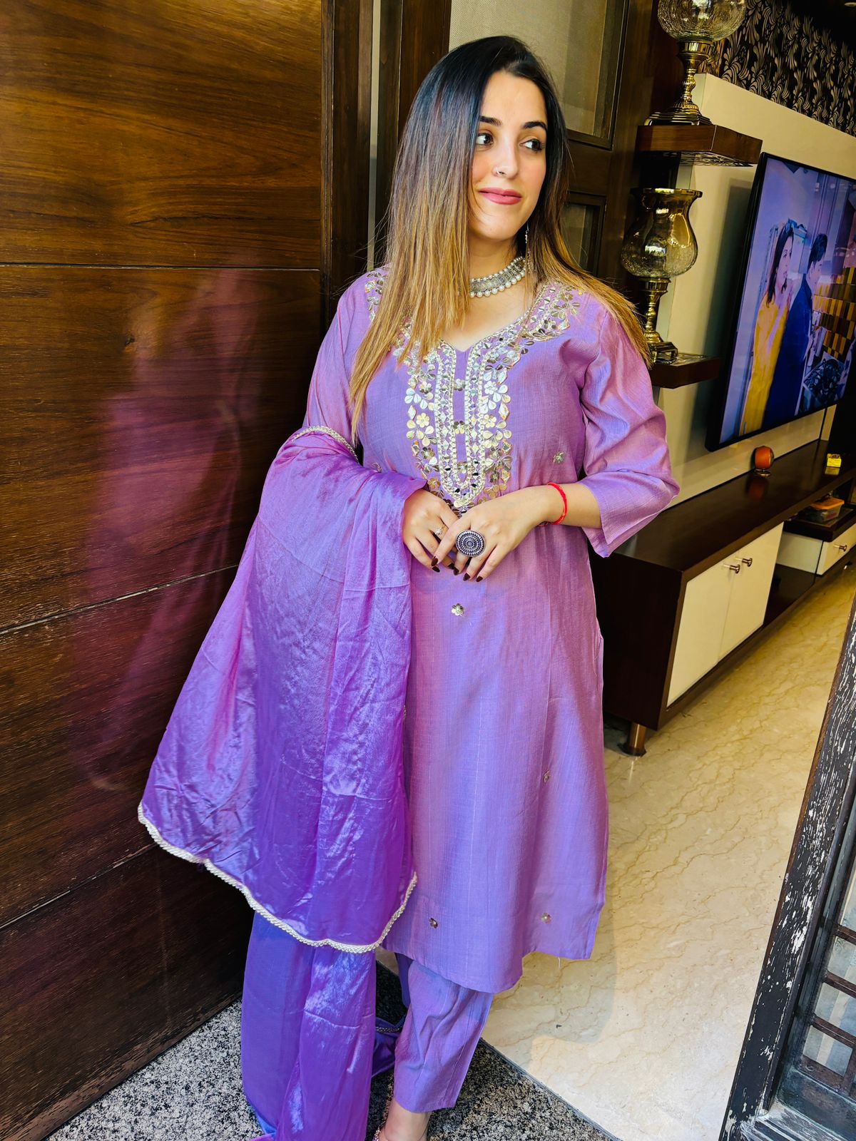 Beautiful karwa special long mirror work neck chinon suit