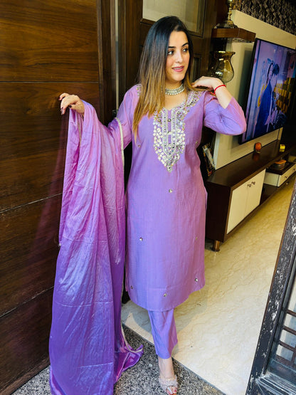 Beautiful karwa special long mirror work neck chinon suit