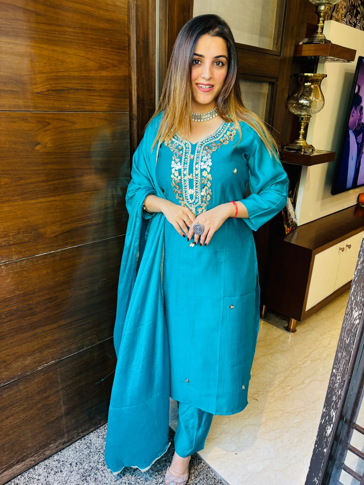 Beautiful karwa special long mirror work neck chinon suit