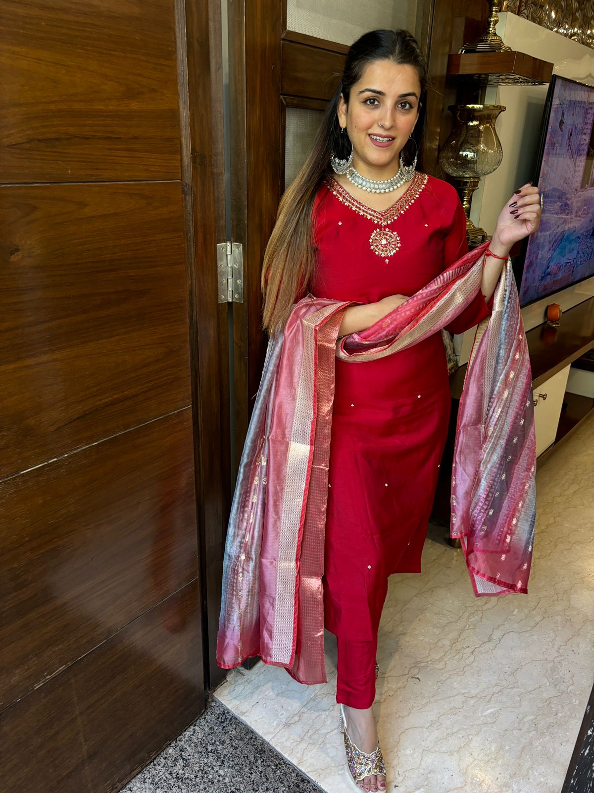 Beautiful karwa special long mirror work neck chinon suit