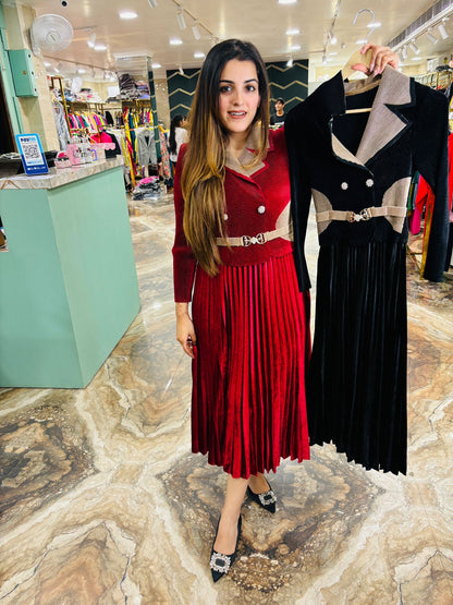 Velvet pleated wrinkled dress with attached stylish belt