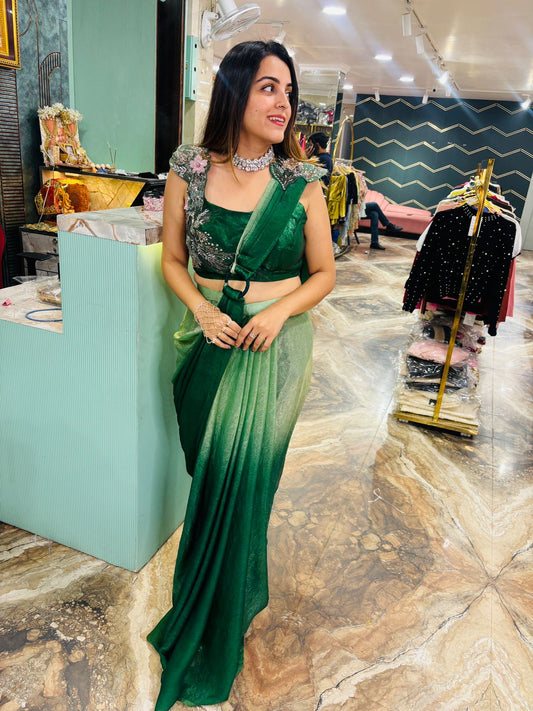 Designer leaf sleeve blouse with dual shade saree