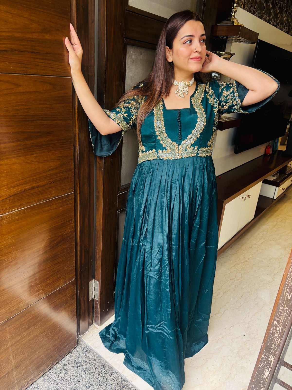 Long v neck style dress with dupatta