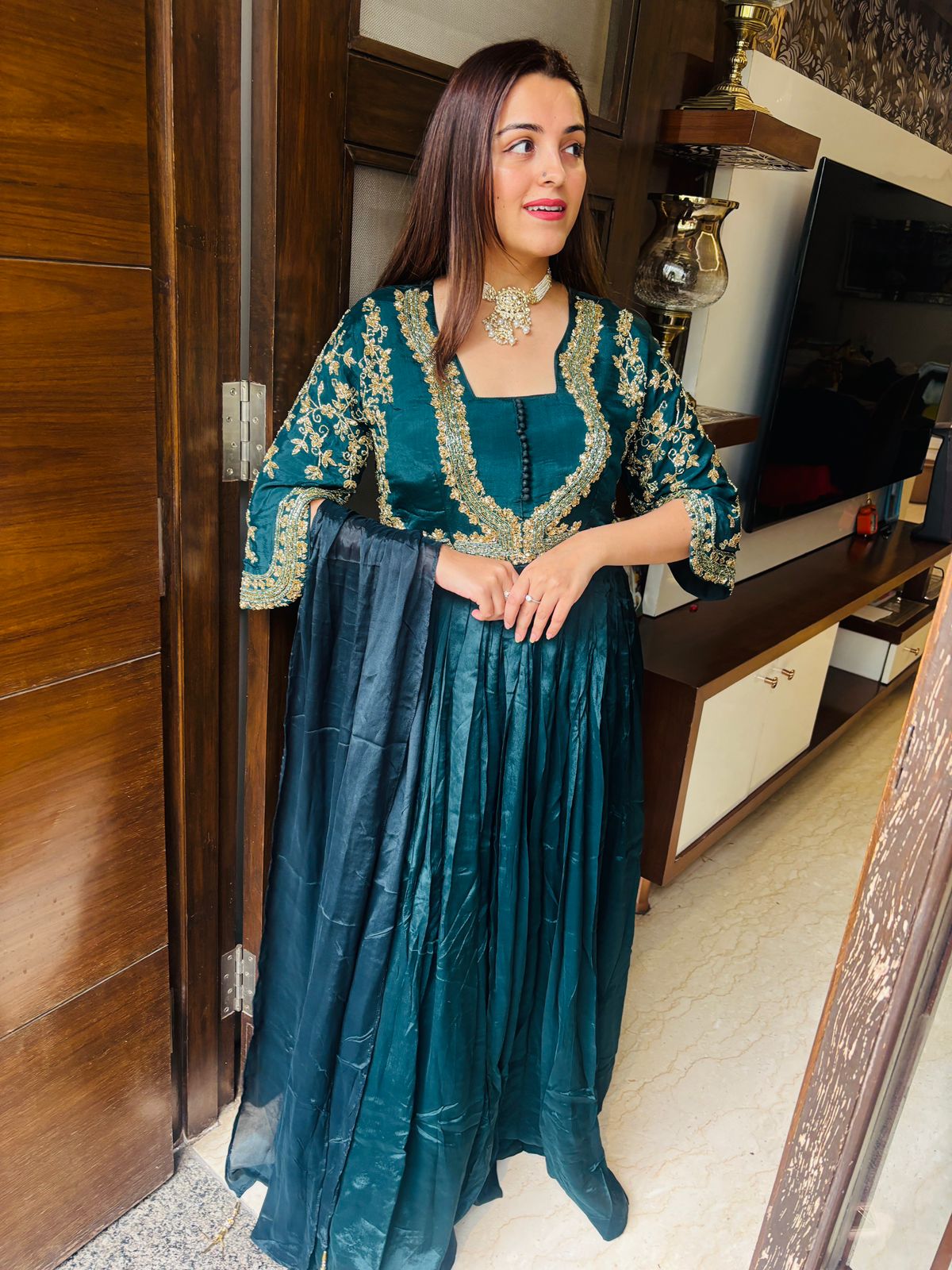 Long v neck style dress with dupatta