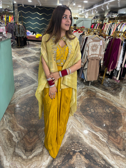 Mustard yellow pure crepe draped dhoti set with shrug