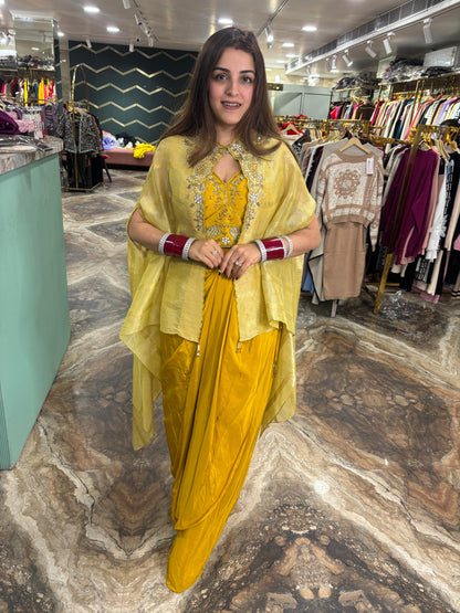 Mustard yellow pure crepe draped dhoti set with shrug