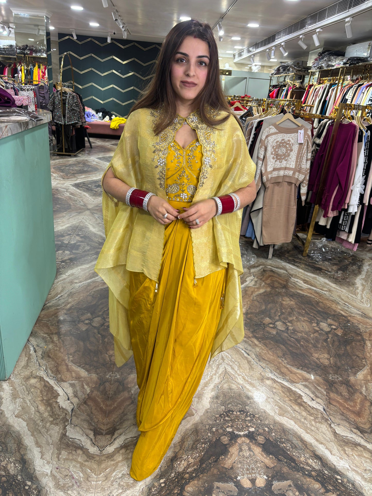 Mustard yellow pure crepe draped dhoti set with shrug