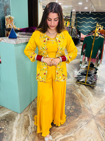 Yellow embroidered three piece set