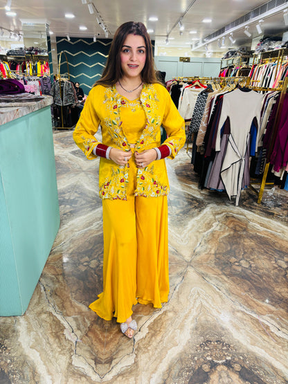 Yellow embroidered three piece set