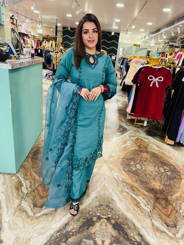 Funnel designer, embroidery suit with dupatta