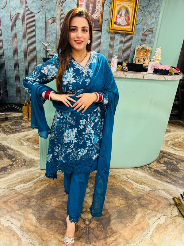 Teal Blue Floral Embroidered Suit Set