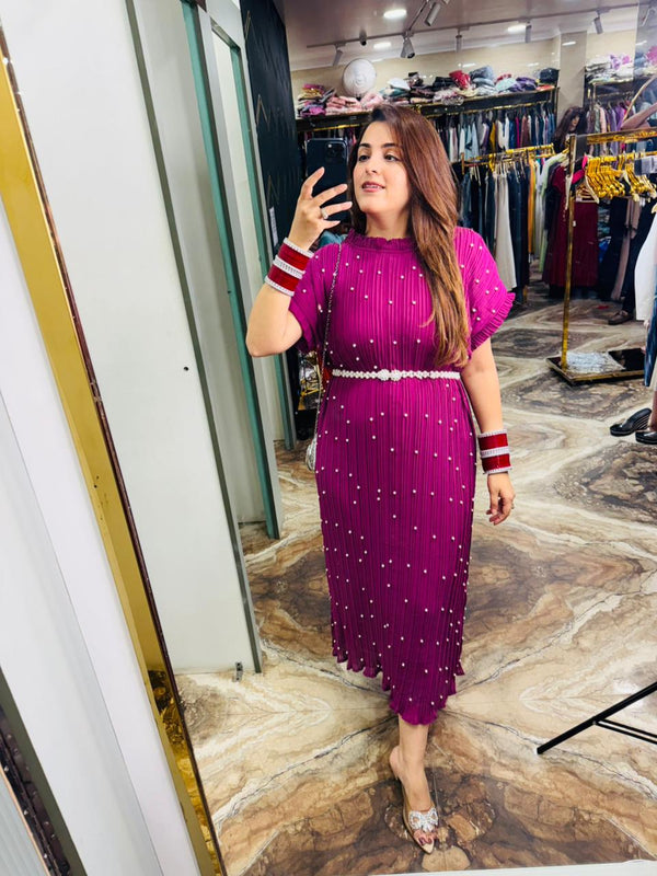Plum Pearl Pleated Midi Dress