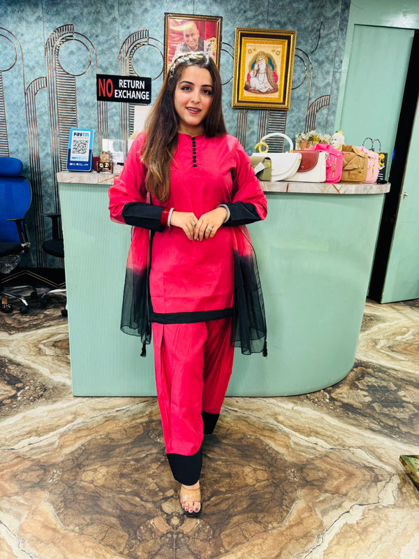 NOORAYA Red & Black Contrast Cotton Co-ord Set (Kurta & Pant Set with dupatta)