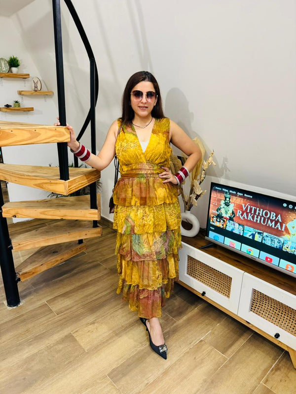 V Neck Yellow Color Sleeveless Front Ruffle Casual Fashion Summer Long Dress