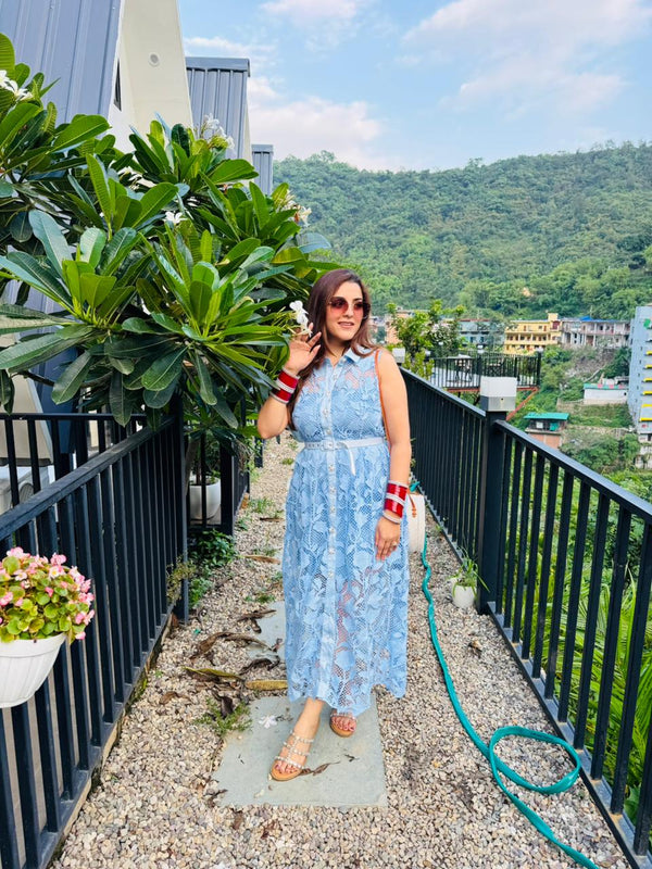 Blue lace long designer shirt dress
