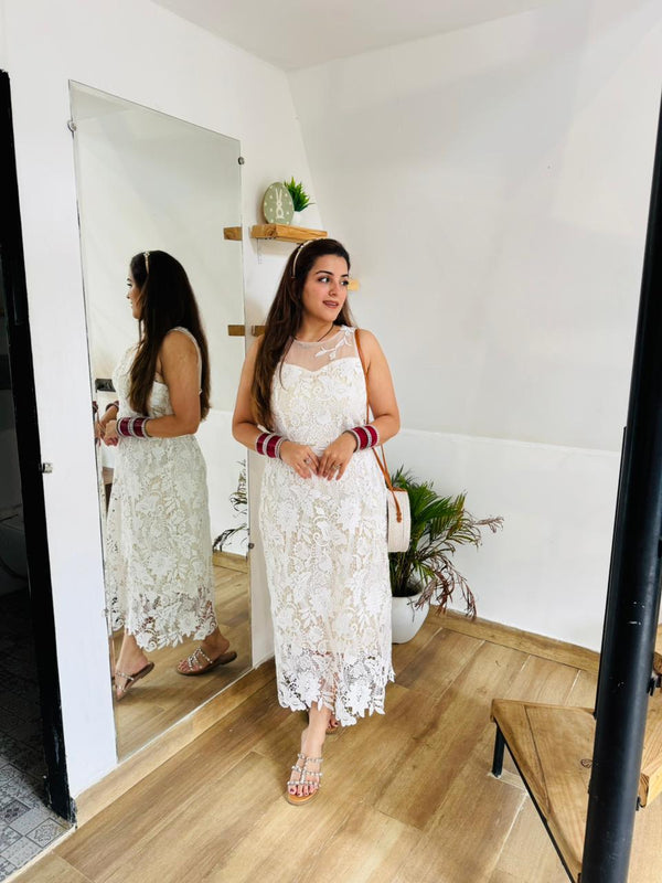 Ivory Bloom Lace Midi Dress