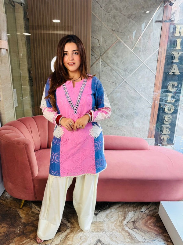 Blush Bloom Embroidered Kurti Set