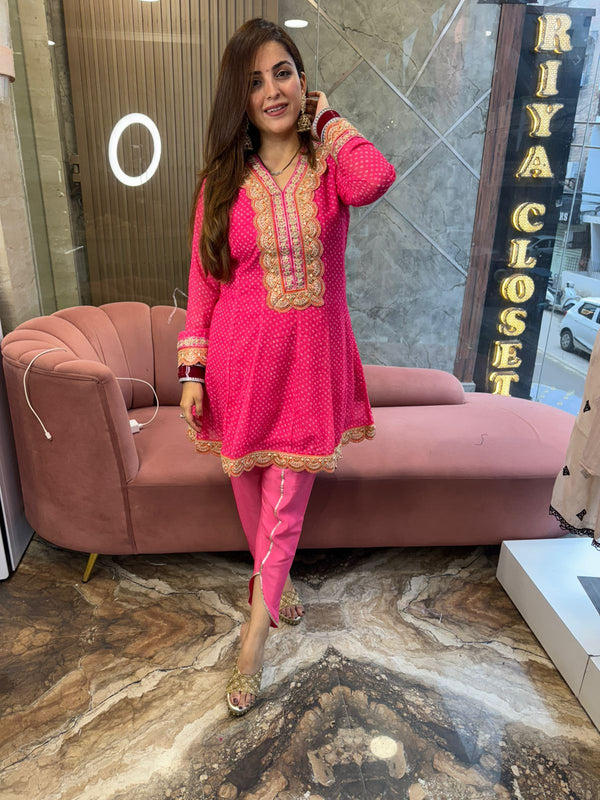 Pink Bandhani Print Short Kurta with Pants