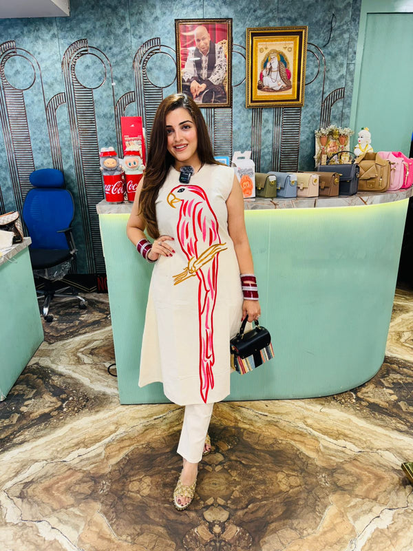 Tropical Parrot Embroidered Cotton Kurti Set