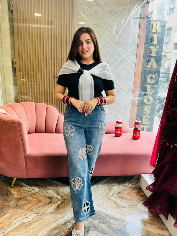 Crystal Heart Cutout Denim Jeans