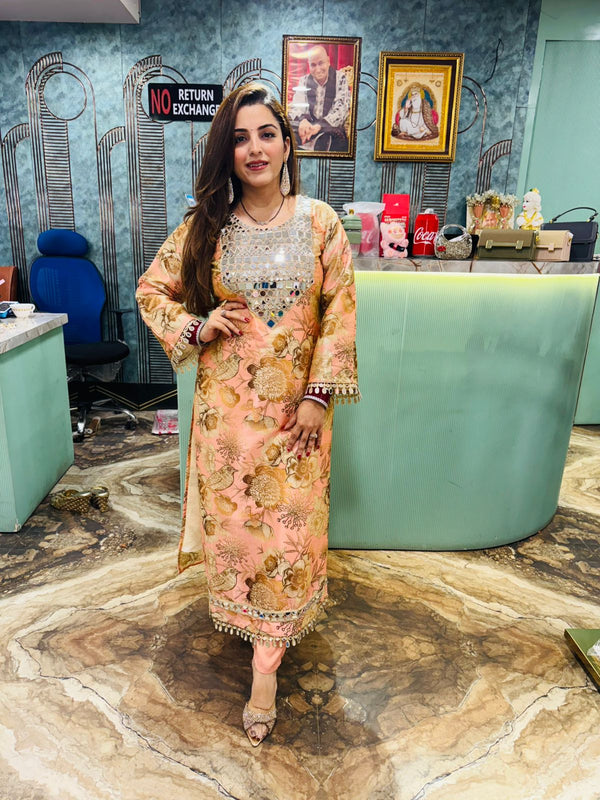 Peach Mirror Work Printed Kurta Set
