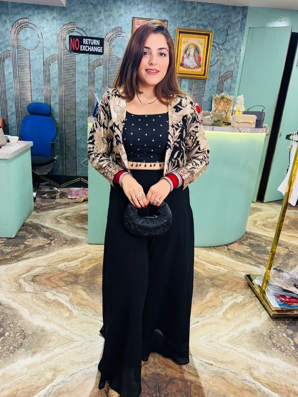 Black Embellished Crop Top & Palazzo Set with Embroidered Jacket