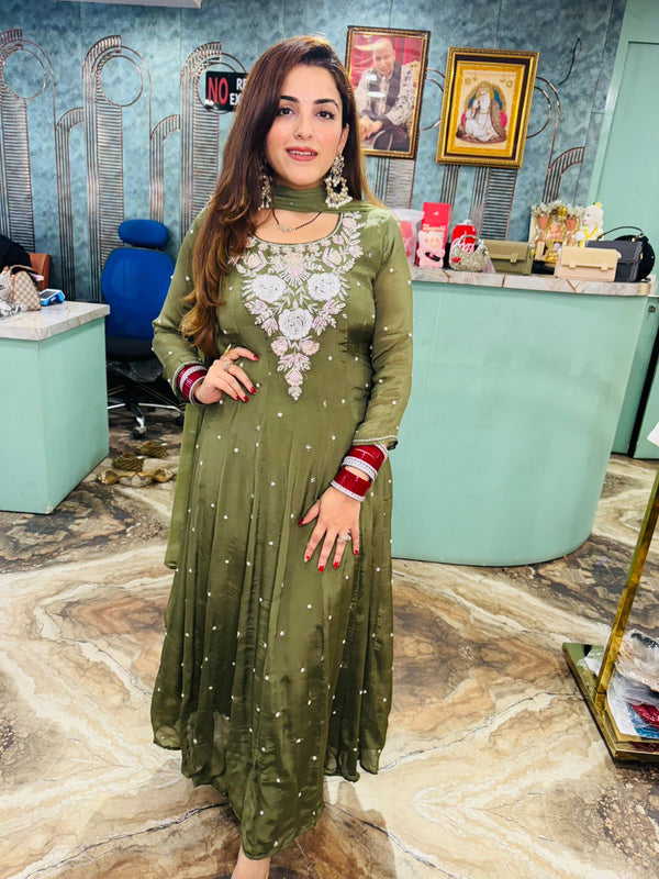 Olive Blossom Embroidered Anarkali Suit