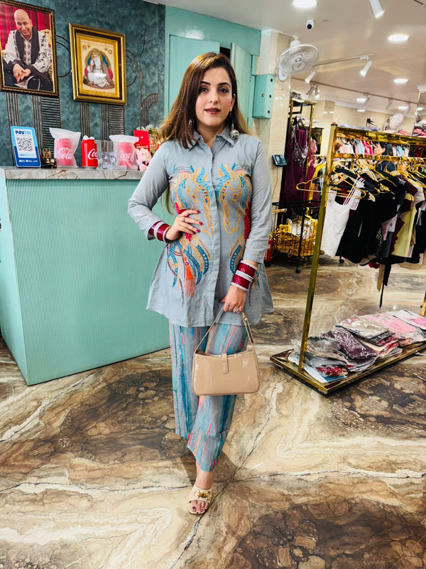 Multi colour hand embroidered co-ord set