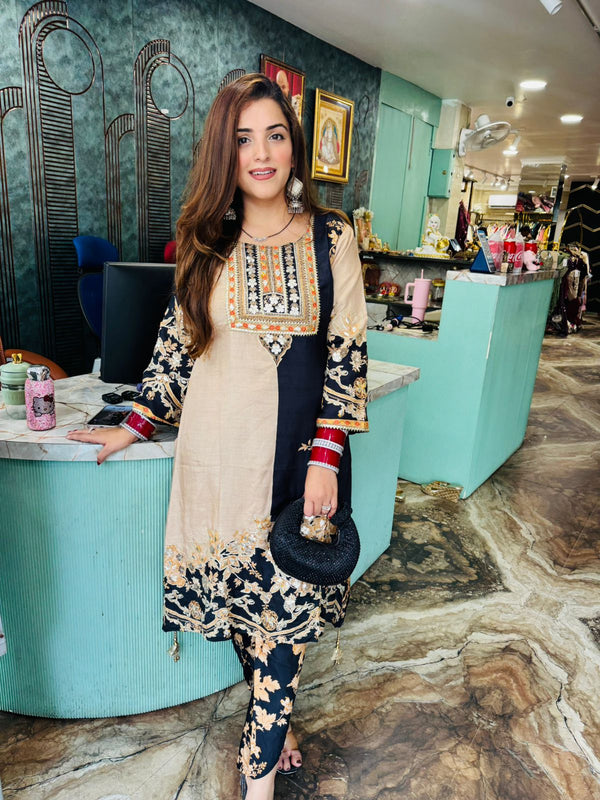 Elegant Beige & Black Floral Embroidered Suit Set