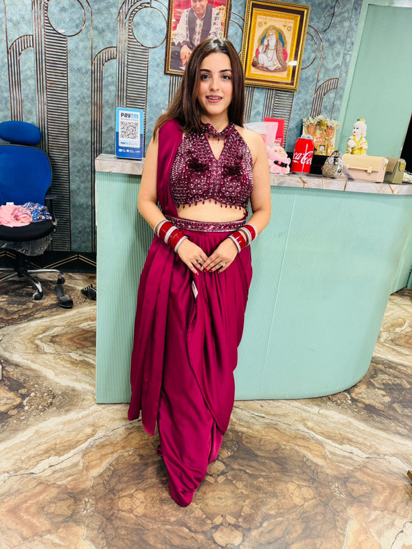 Wine royale Pre-draped Saree