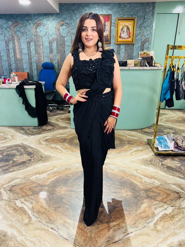 Midnight Bloom Black Pre-Draped Saree