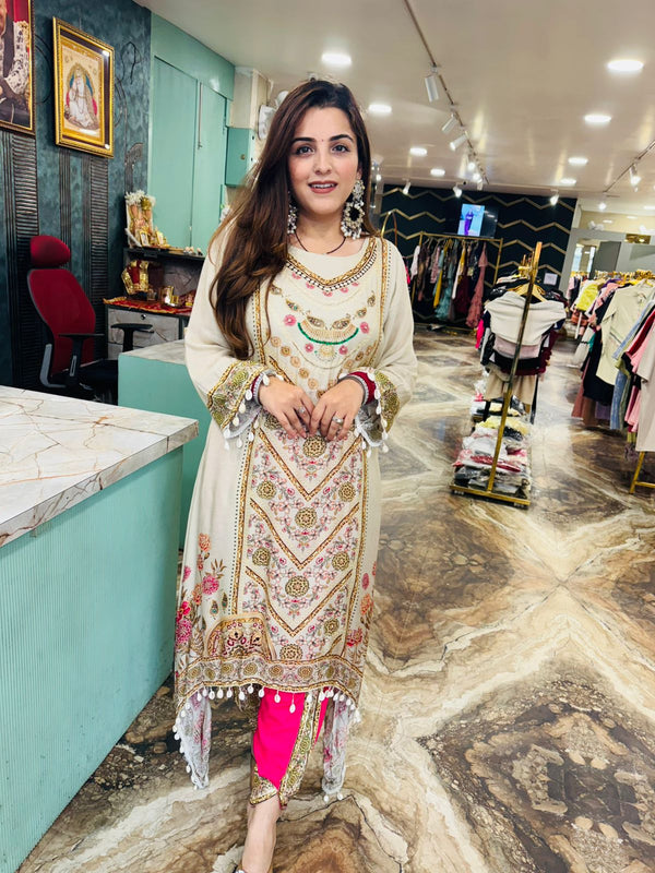 Pakistani Print Embroidered Suit with Dhoti Pant