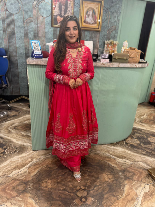 Elegant Red Embroidered Anarkali Suit Set