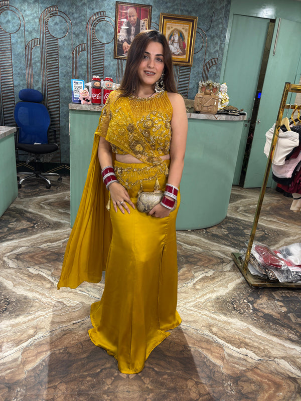 Golden Glow Embellished Saree Gown Set