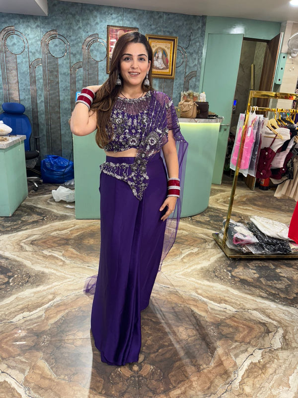 Midnight Purple Sequin Embroidered Pre-Draped Saree