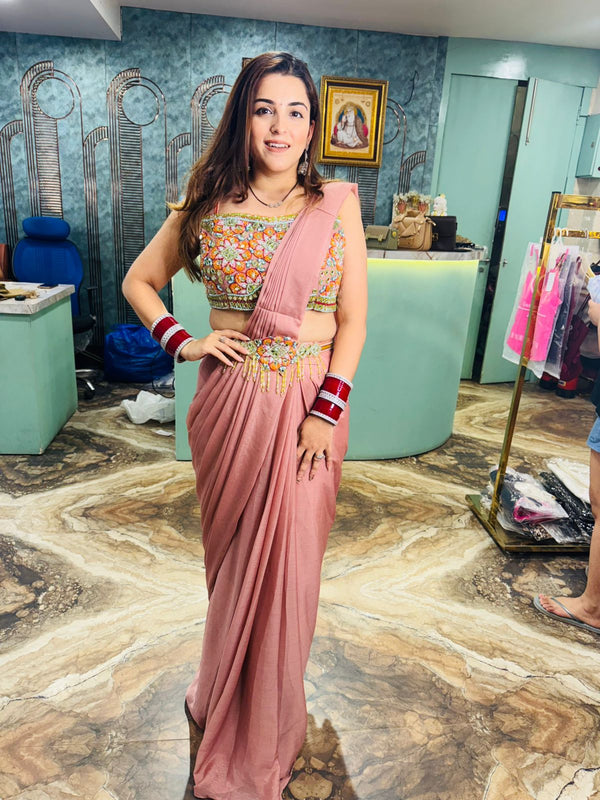 Rosewood Glam Embroidered Pre-Draped Saree Set