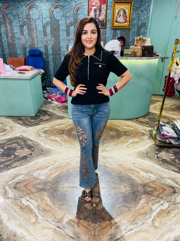 Embroidered Floral Appliqué Bootcut Jeans